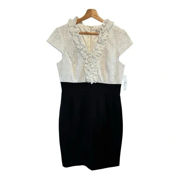 NWT Vintage Sandra Darren Black White Floral Eyelet Dress Size 12 - Picture 1 of 14